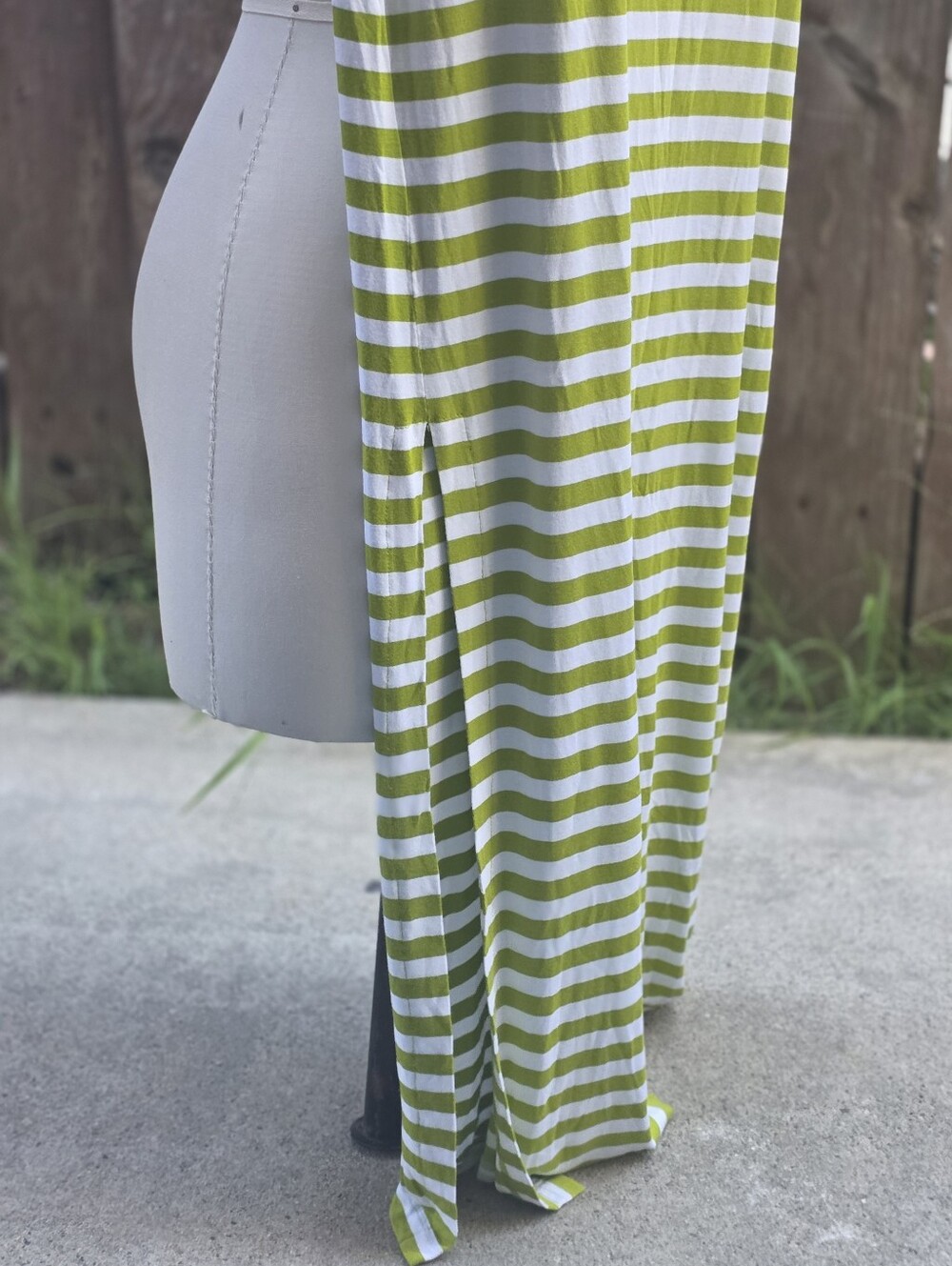 Michael Kors Lime Green and White Striped Side-Slit Maxi Skirt